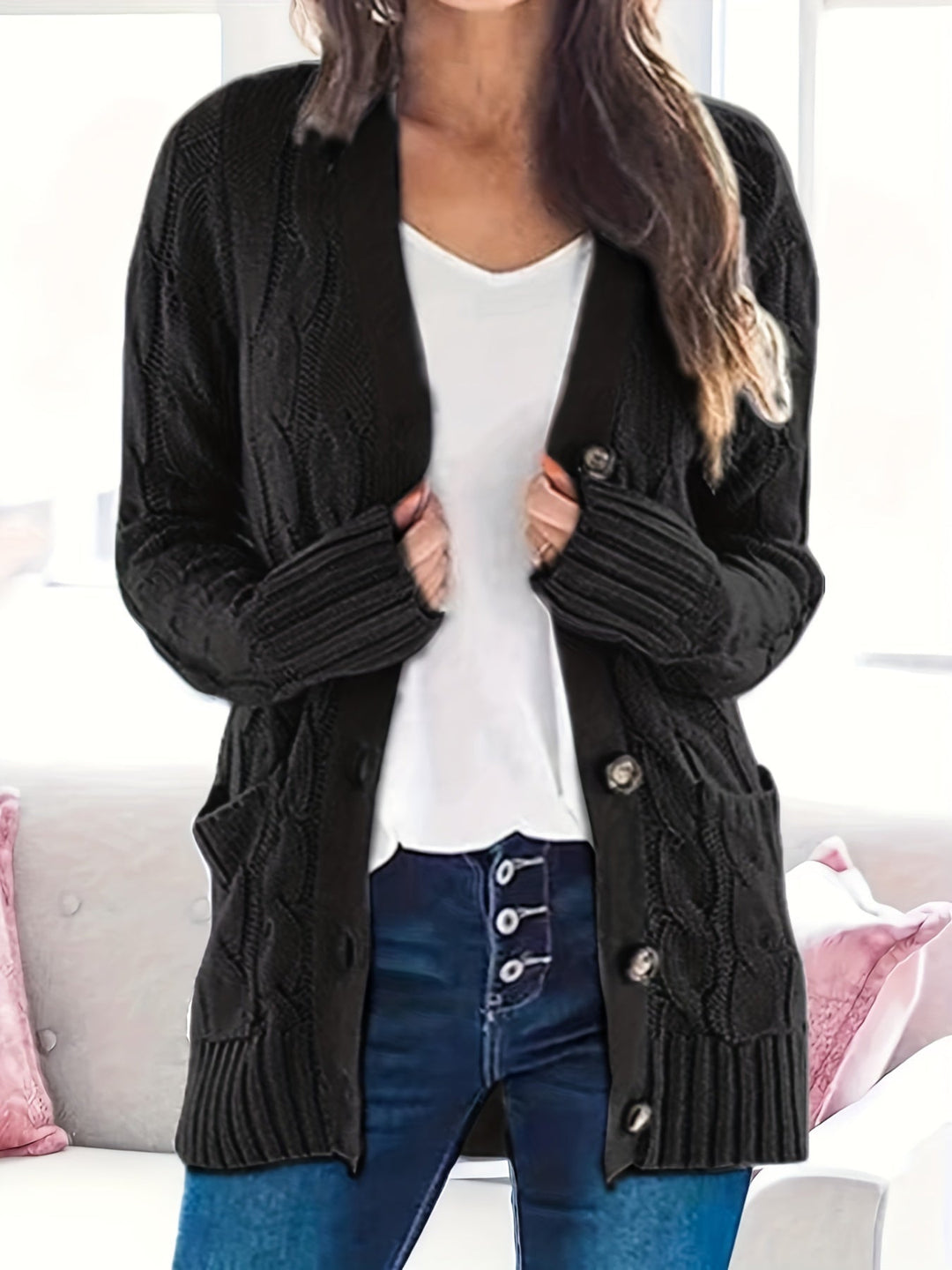 Women's Long Black Cardigan - Elegant Soft Knit, All-Day Comfort-3