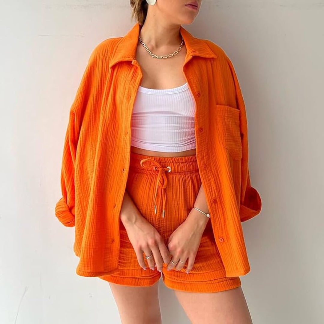 Katelyn - Two Piece Cotton Shirt And Shorts Set 0