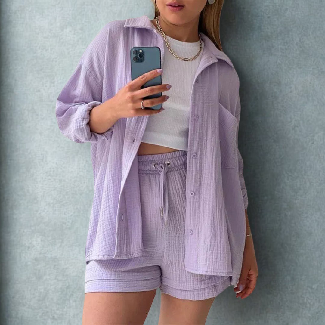 Katelyn - Two Piece Cotton Shirt And Shorts Set 3